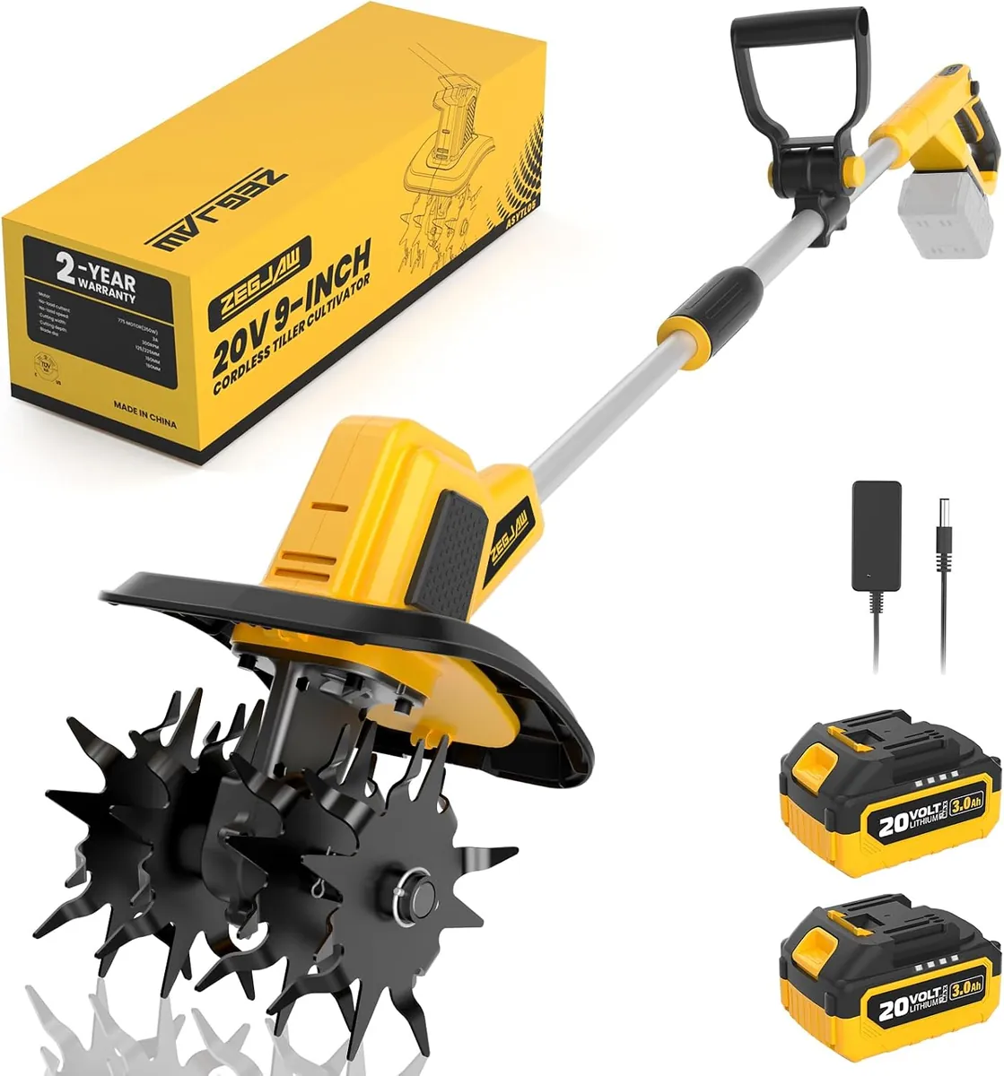 ZEGJAW 20V Cordless Electric Tiller Cultivator, 9-Inch Tilling Width, 6.6-Inch Depth Rototiller for Soil Cultivation, Lawn, Gardening, Lightweight Tiller Includes 2x3.0Ah Battery and Charger