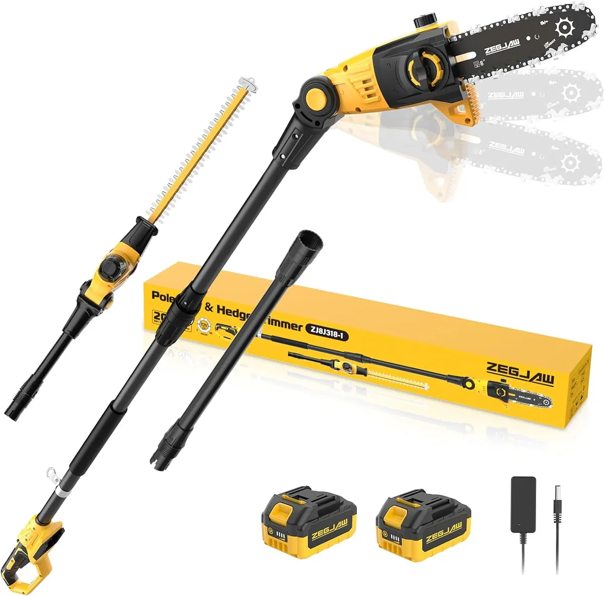ZEGJAW 2-in-1 8'' Pole Saw & 18'' Pole Hedge Trimmer with 2x3.0Ah Battery