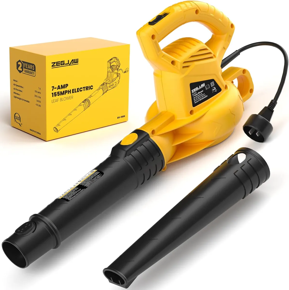ZEGJAW Electric Leaf Blower Corded, 7-Amp 155 MPH/350 CFM Handheld Blower